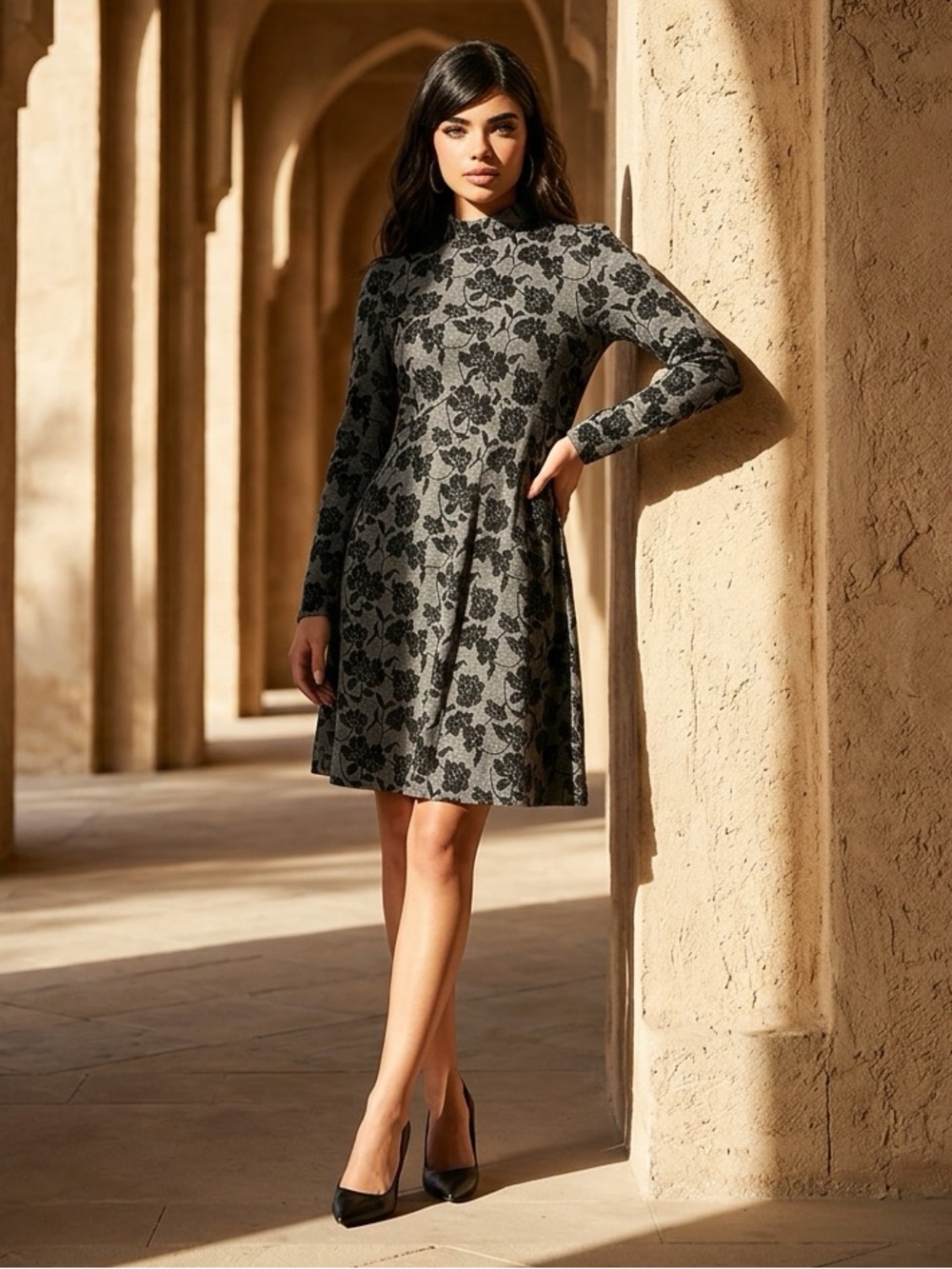 Ivanka Trump Grey Floral Long-Sleeve A-Line Dress